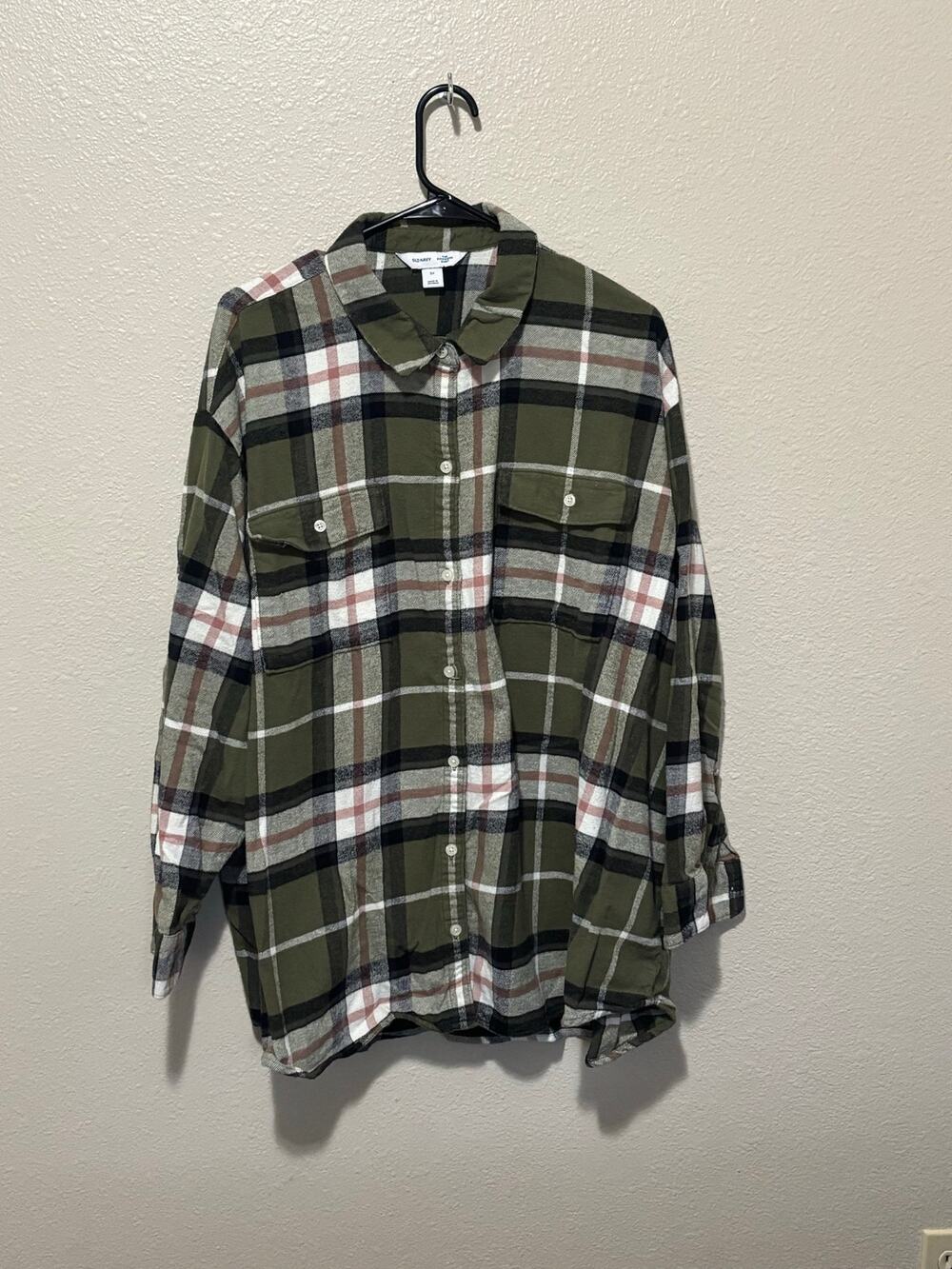 Women’s Old Navy Green Plaid Flannel The Boyfriend Shirt Cotton Button-Down, 3X